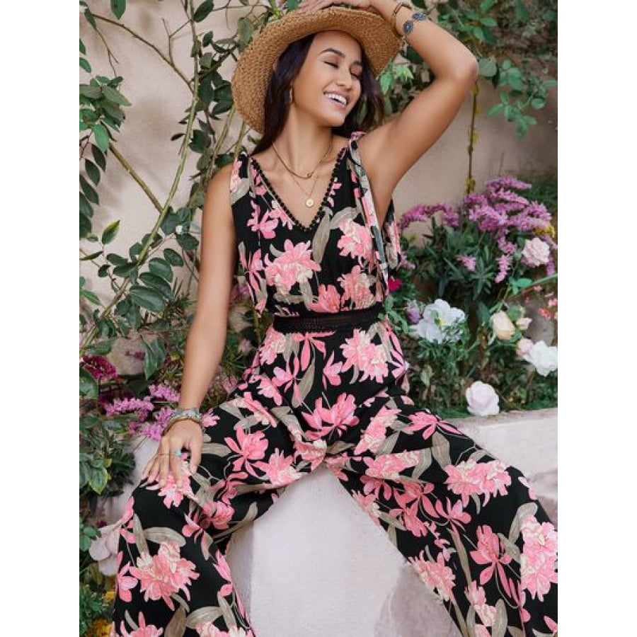 Printed V - Neck Sleeveless Jumpsuit Apparel and Accessories