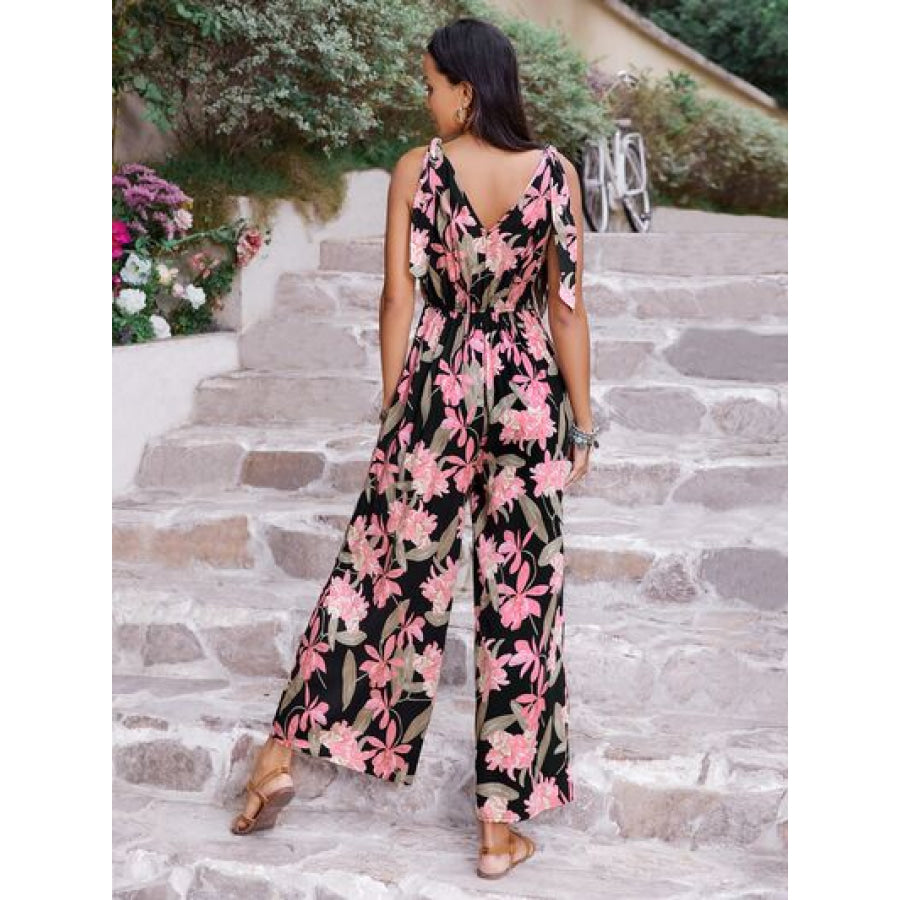 Printed V - Neck Sleeveless Jumpsuit Black / S Apparel and Accessories