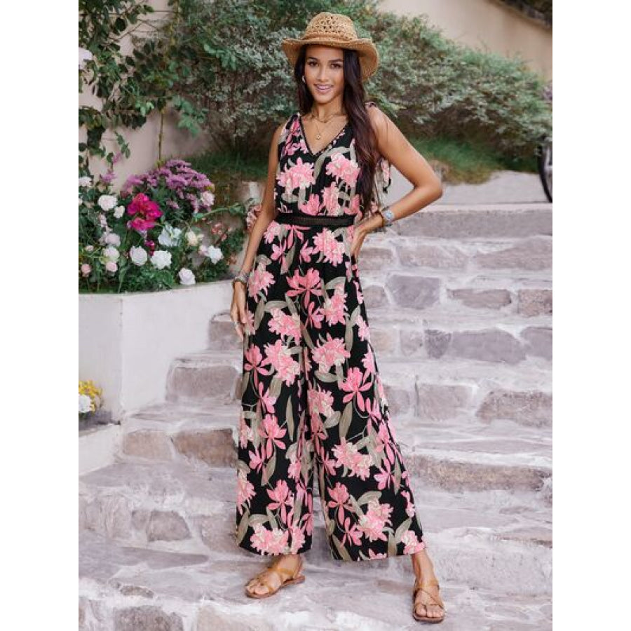 Printed V - Neck Sleeveless Jumpsuit Black / S Apparel and Accessories