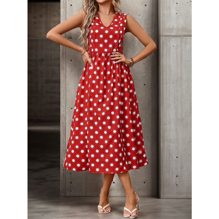 Printed V-Neck Sleeveless Midi Dress Scarlet / S Apparel and Accessories