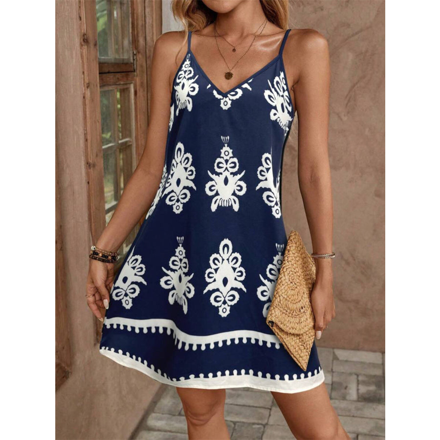 Printed V-Neck Sleeveless Mini Dress Apparel and Accessories