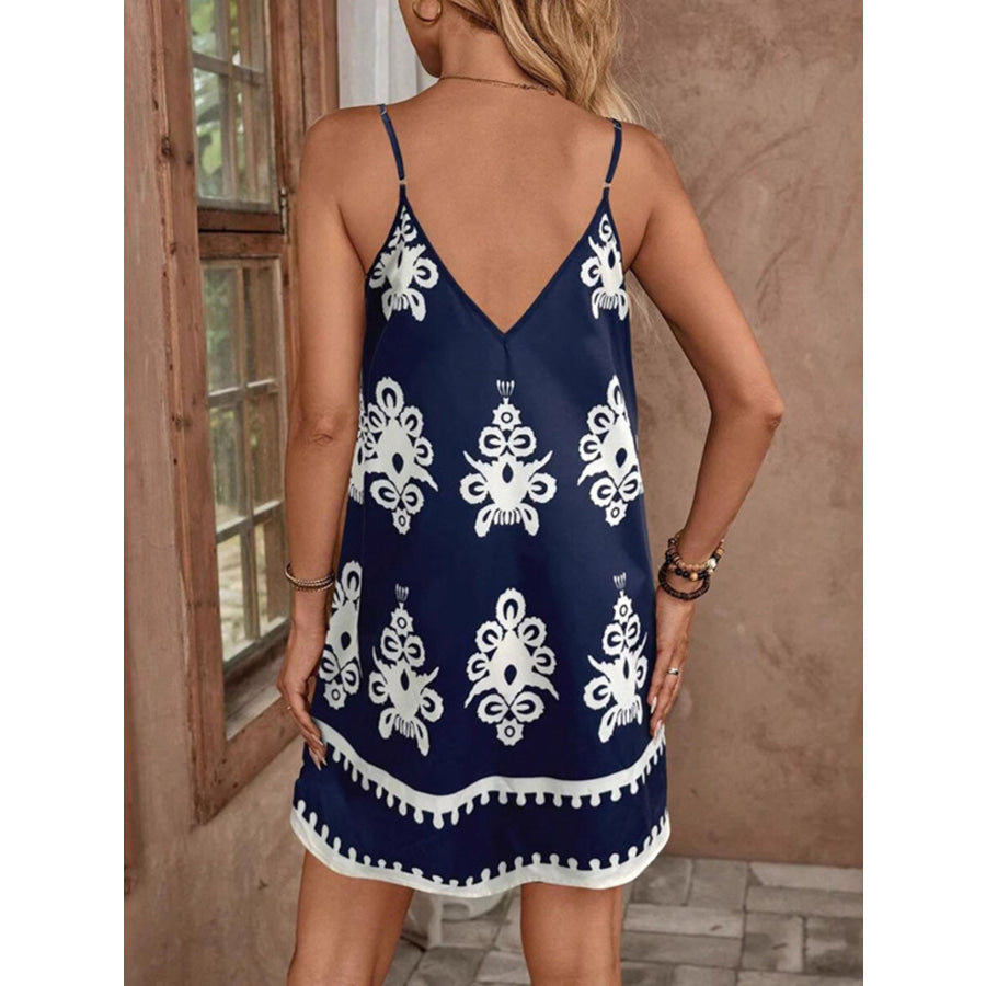 Printed V-Neck Sleeveless Mini Dress Apparel and Accessories