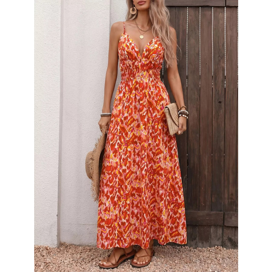 Printed V-Neck Sleeveless Smocked Maxi Dress Apparel and Accessories