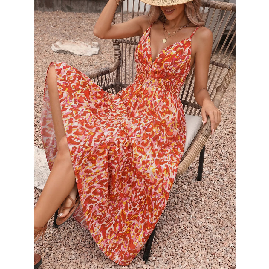 Printed V-Neck Sleeveless Smocked Maxi Dress Apparel and Accessories