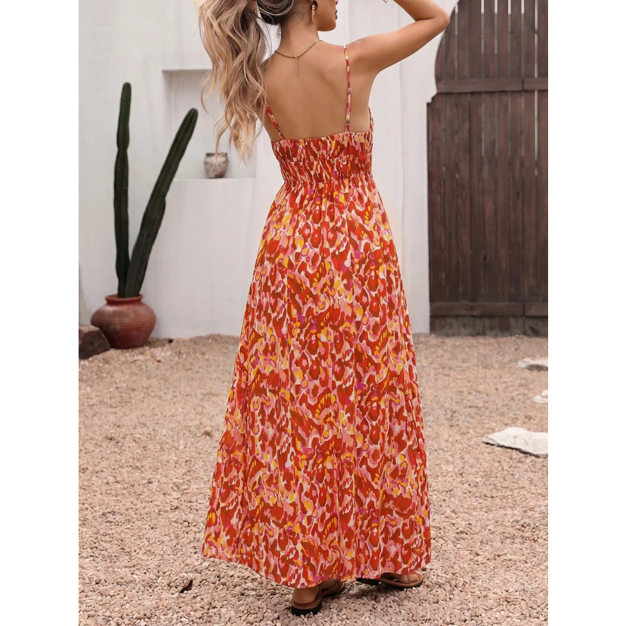 Printed V-Neck Sleeveless Smocked Maxi Dress Apparel and Accessories