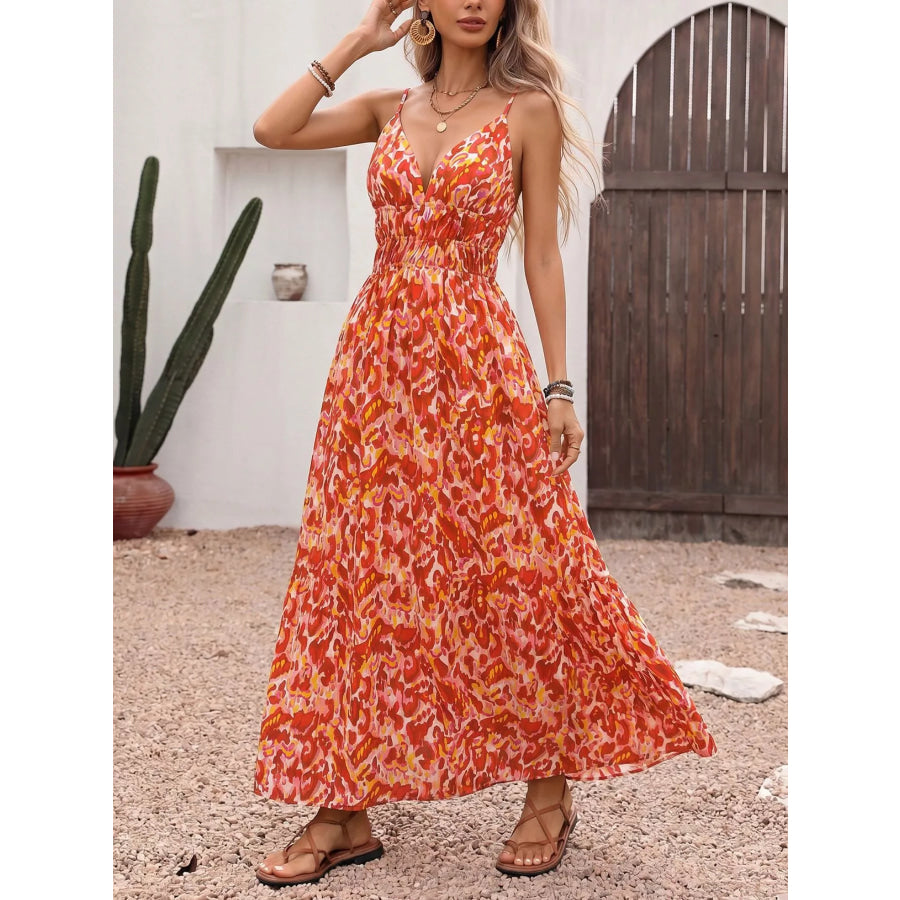 Printed V-Neck Sleeveless Smocked Maxi Dress Apparel and Accessories
