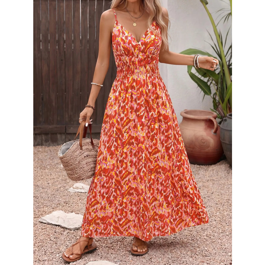 Printed V-Neck Sleeveless Smocked Maxi Dress Orange / S Apparel and Accessories