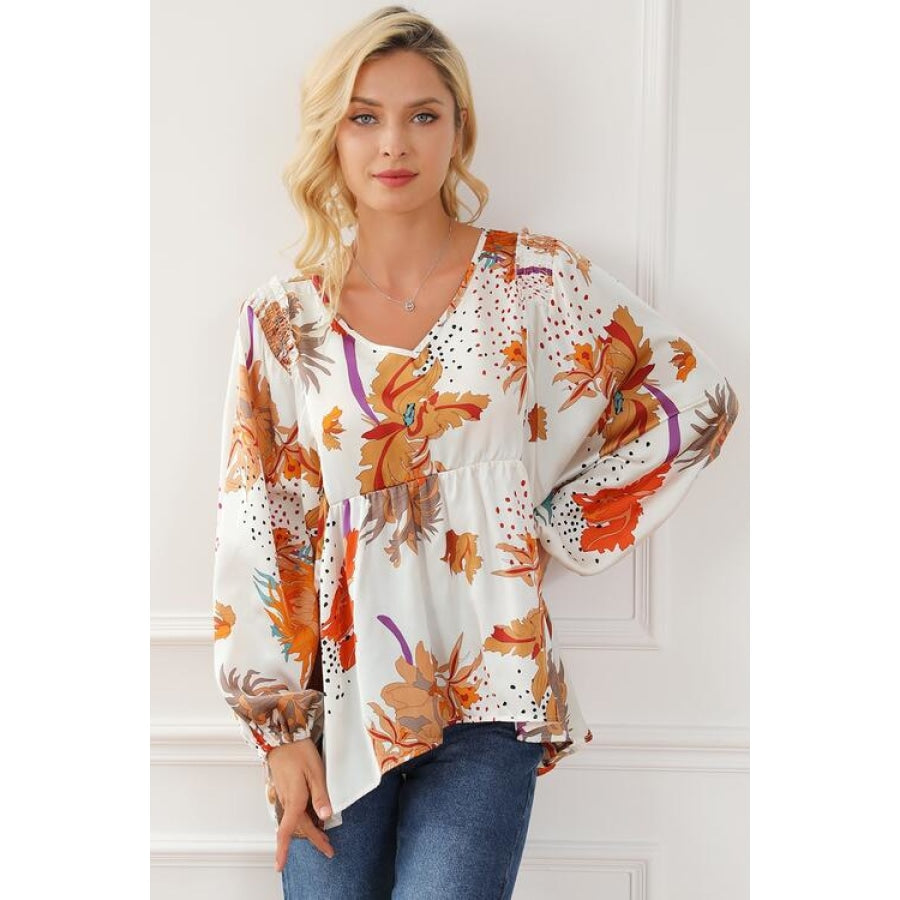 Printed V-Neck Smocked Balloon Sleeve Blouse