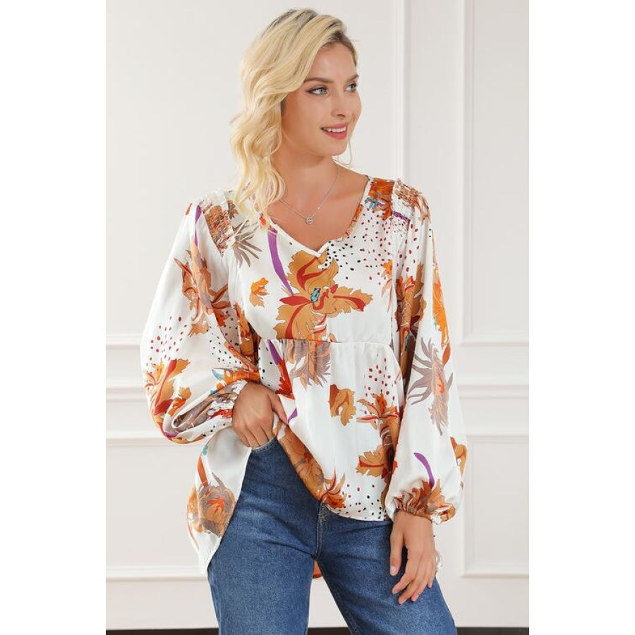 Printed V-Neck Smocked Balloon Sleeve Blouse