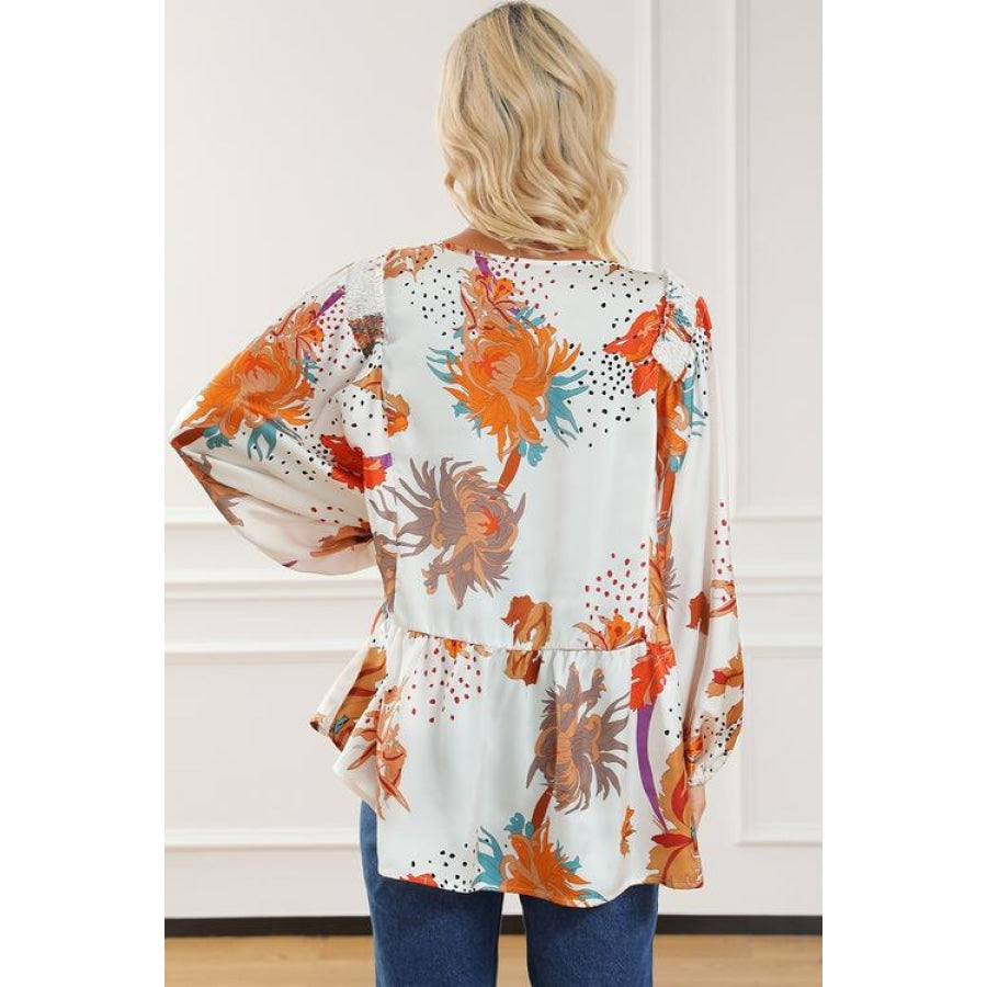 Printed V-Neck Smocked Balloon Sleeve Blouse