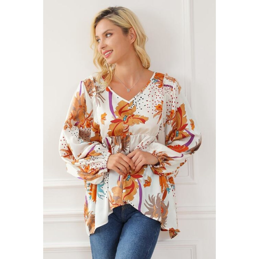 Printed V-Neck Smocked Balloon Sleeve Blouse