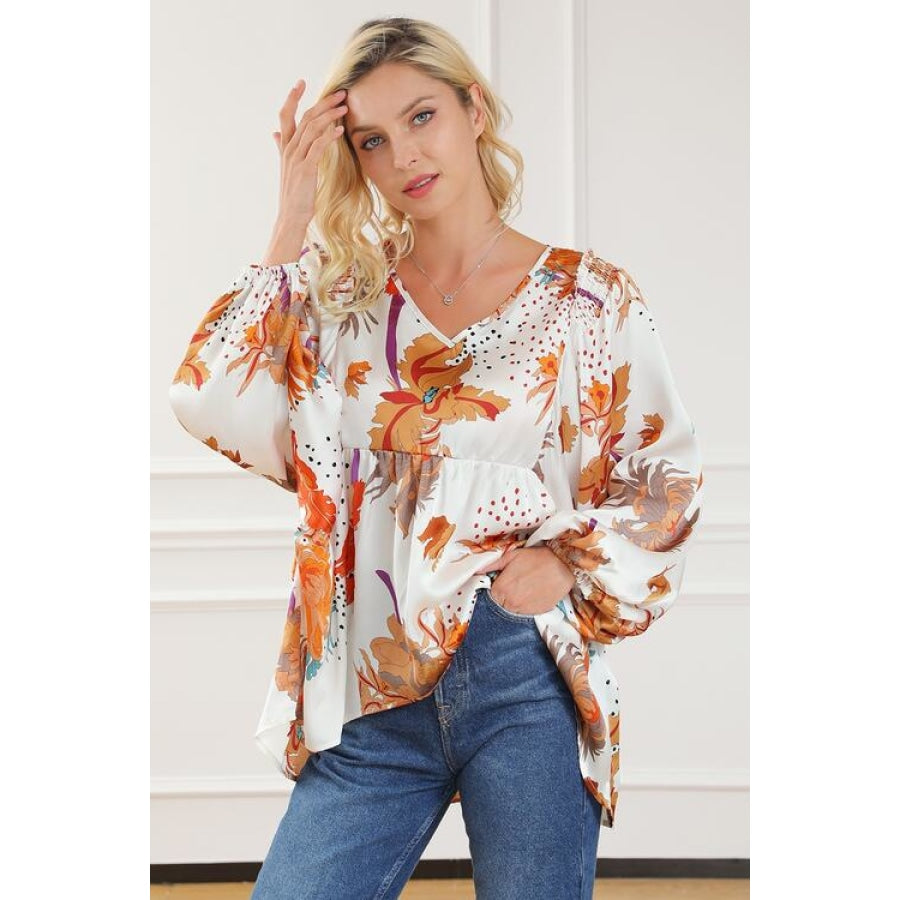 Printed V-Neck Smocked Balloon Sleeve Blouse White / S