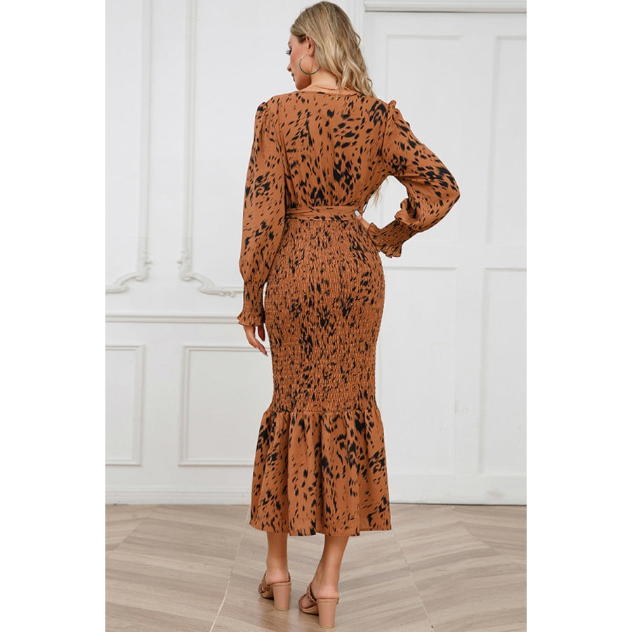 Printed V-Neck Smocked Midi Dress Ochre / S