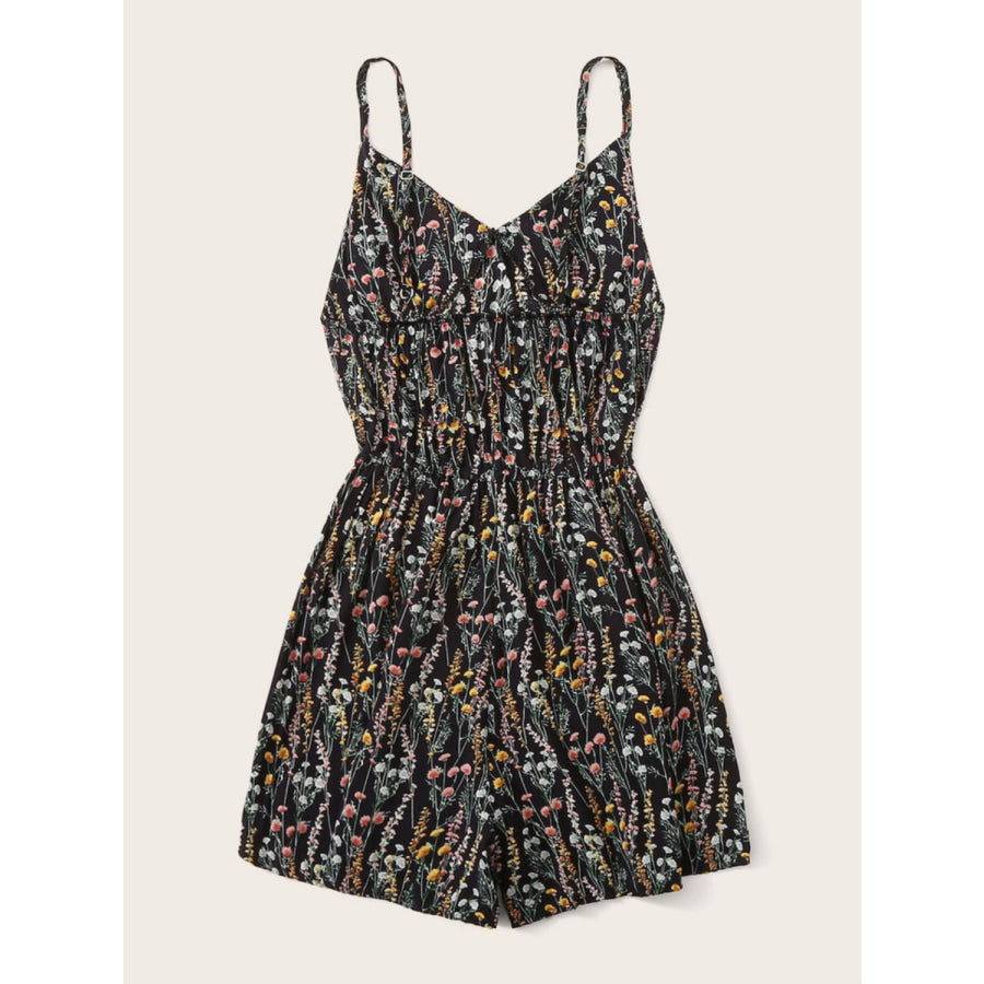 Printed V - Neck Spaghetti Strap Romper Black / S Apparel and Accessories