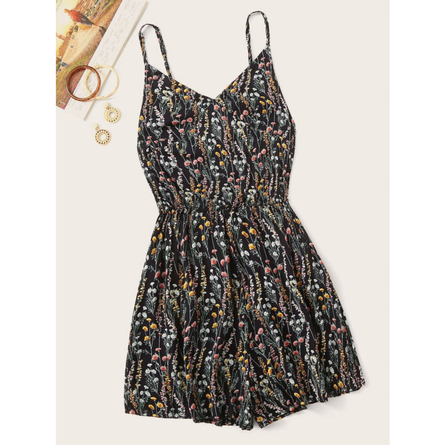 Printed V - Neck Spaghetti Strap Romper Black / S Apparel and Accessories