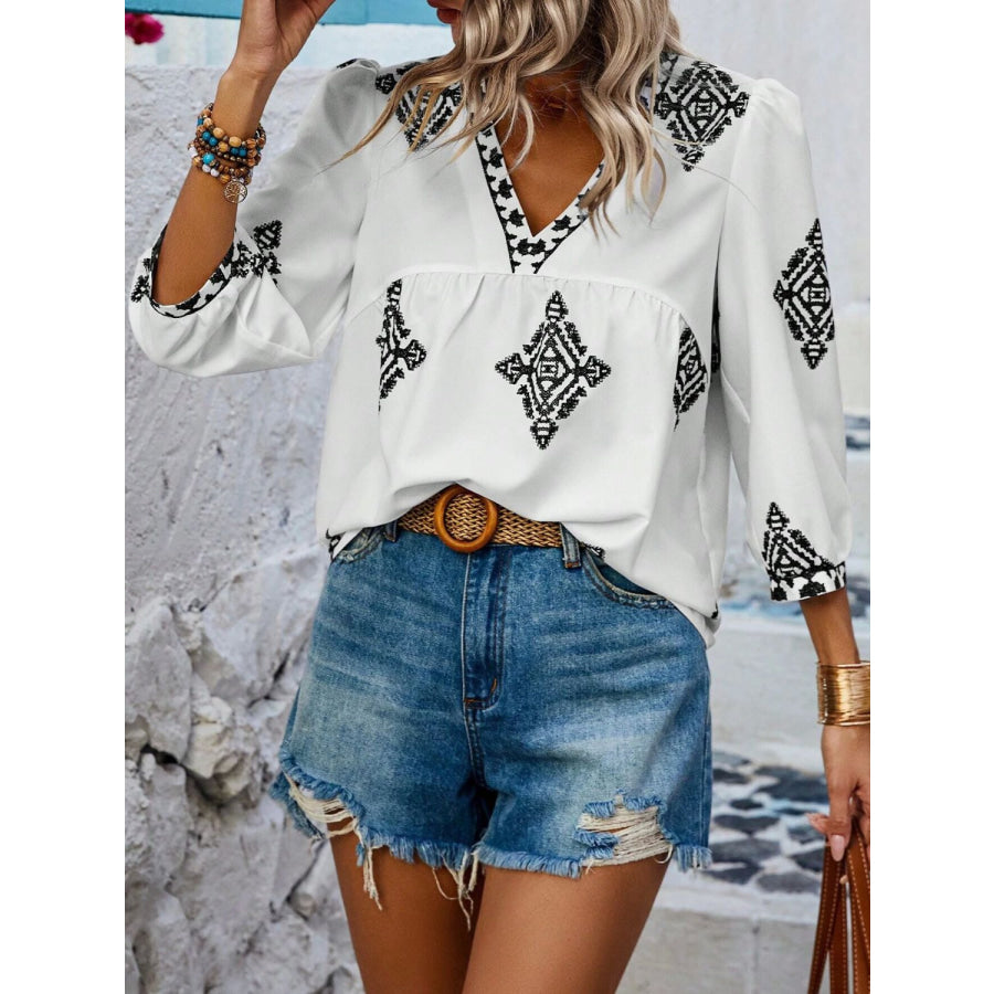 Printed V-Neck Three-Quarter Sleeve Blouse Apparel and Accessories