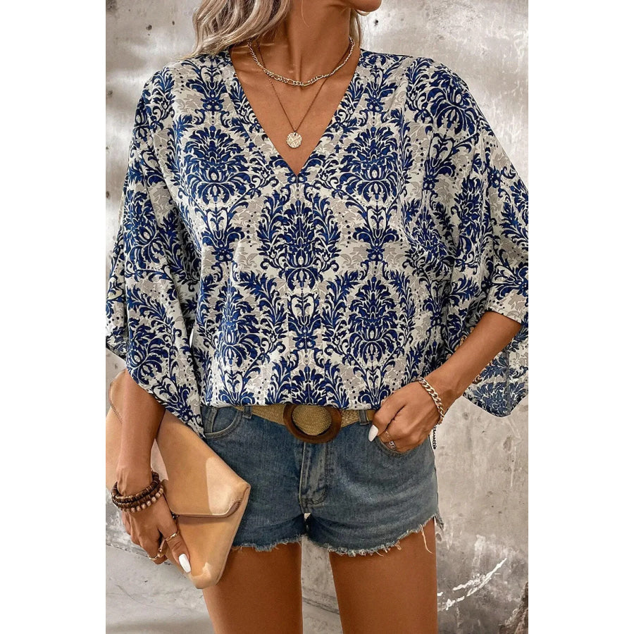 Printed V-Neck Three-Quarter Sleeve Blouse Apparel and Accessories