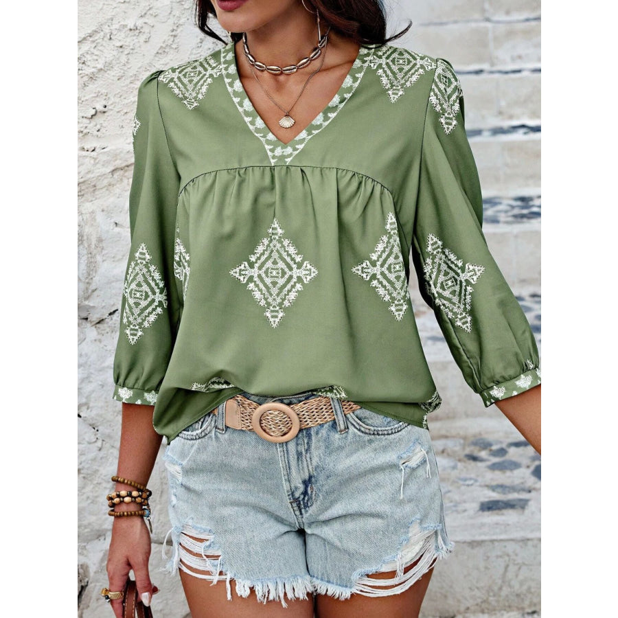 Printed V-Neck Three-Quarter Sleeve Blouse Apparel and Accessories