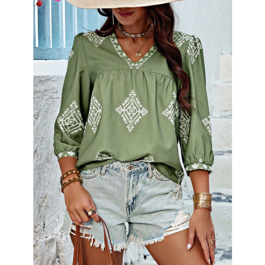 Printed V-Neck Three-Quarter Sleeve Blouse Apparel and Accessories