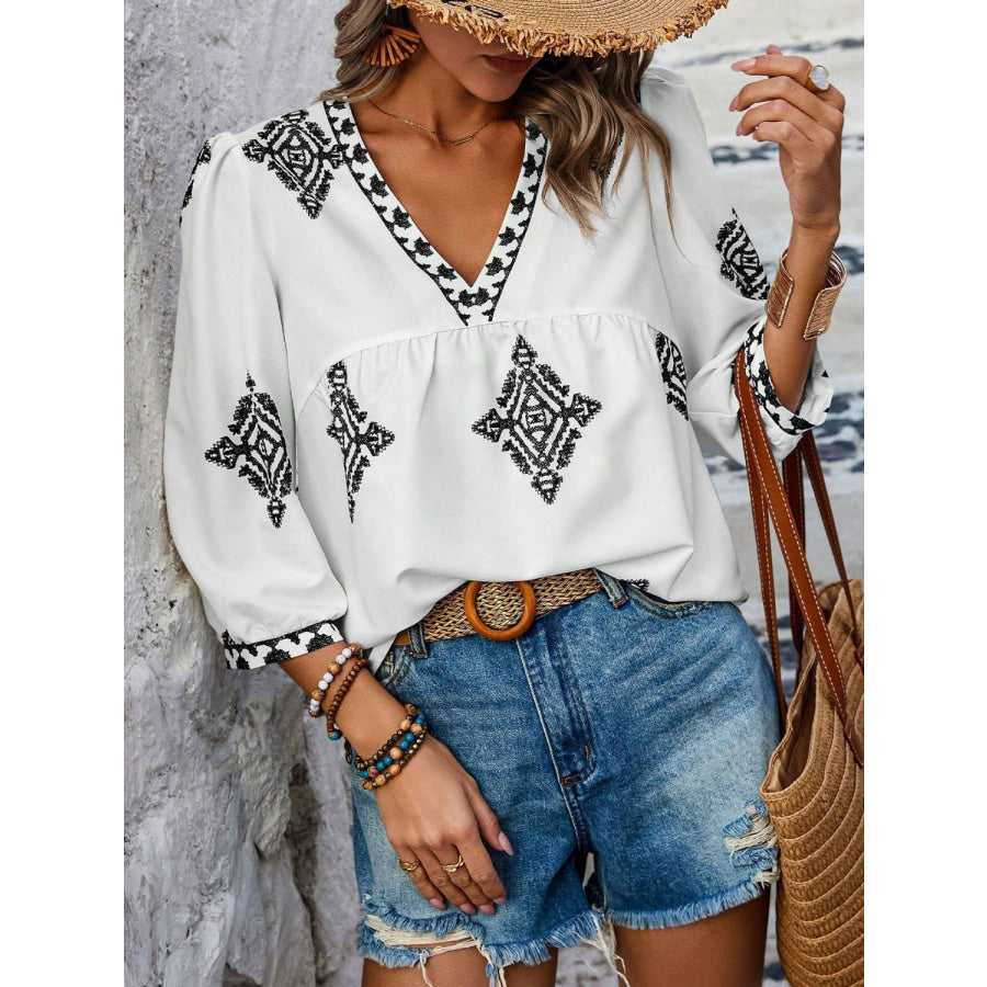 Printed V-Neck Three-Quarter Sleeve Blouse Apparel and Accessories