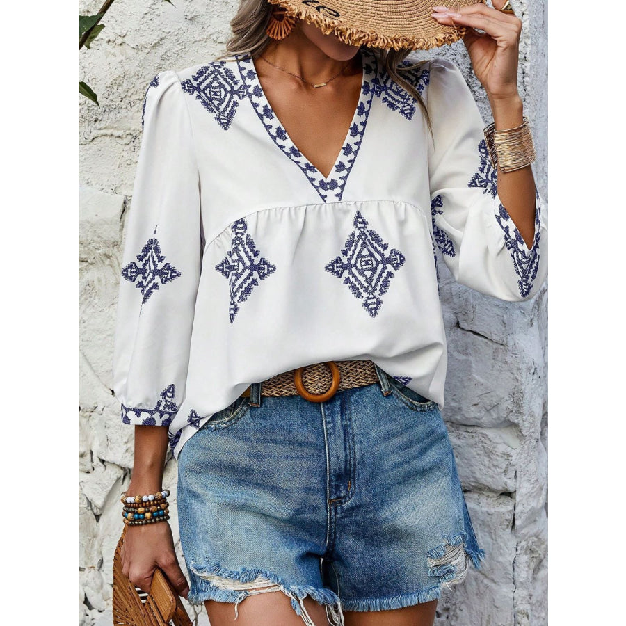 Printed V-Neck Three-Quarter Sleeve Blouse Apparel and Accessories