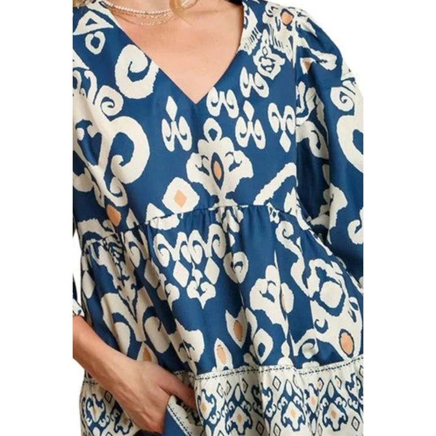 Printed V-Neck Three-Quarter Sleeve Blouse Apparel and Accessories