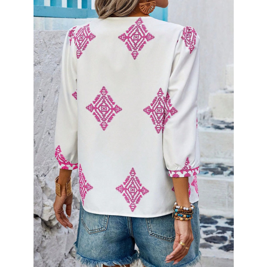 Printed V-Neck Three-Quarter Sleeve Blouse Apparel and Accessories