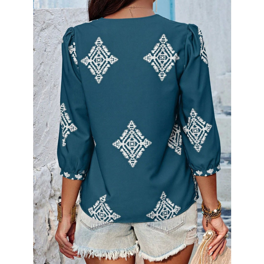 Printed V-Neck Three-Quarter Sleeve Blouse Apparel and Accessories