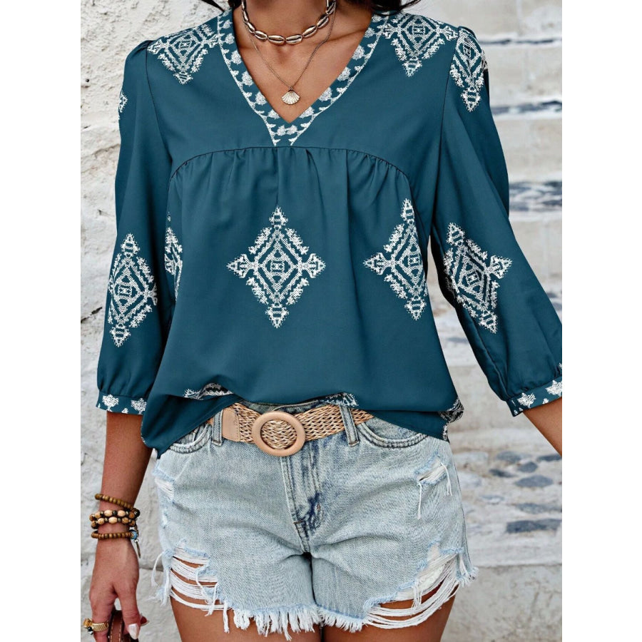 Printed V-Neck Three-Quarter Sleeve Blouse Apparel and Accessories