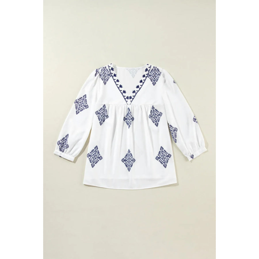 Printed V-Neck Three-Quarter Sleeve Blouse Apparel and Accessories