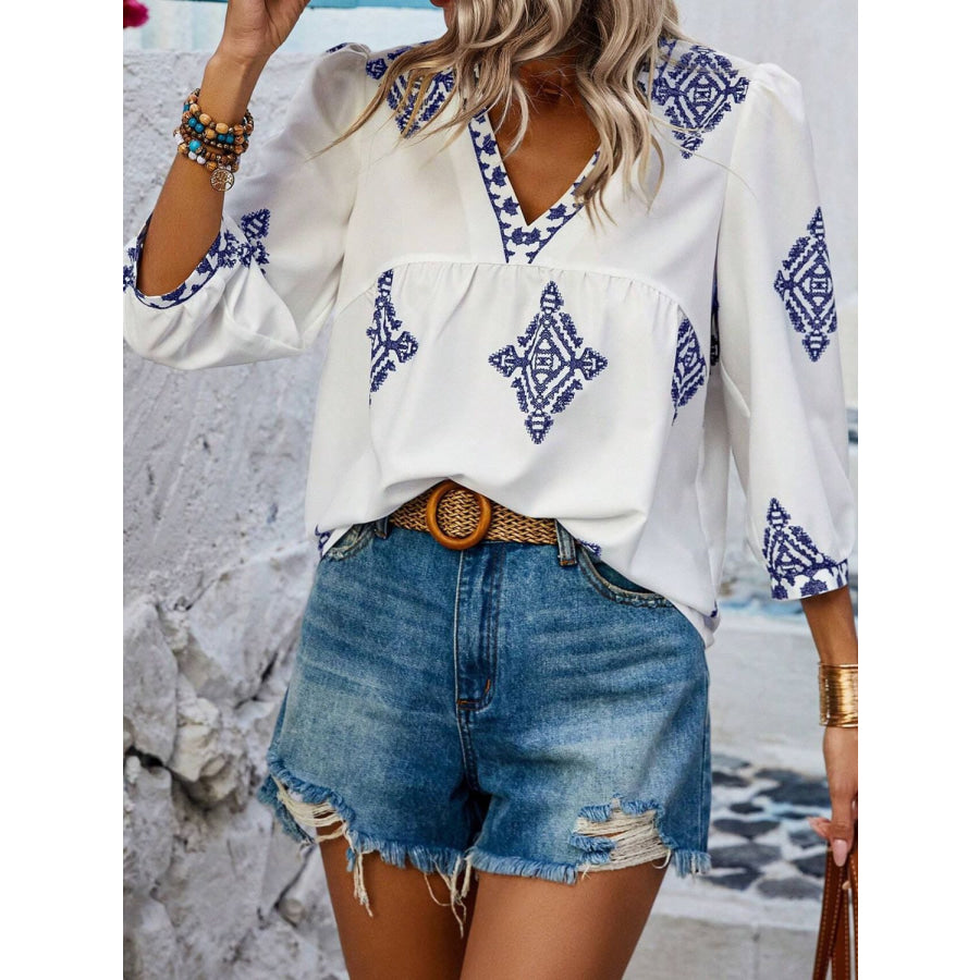 Printed V-Neck Three-Quarter Sleeve Blouse Apparel and Accessories