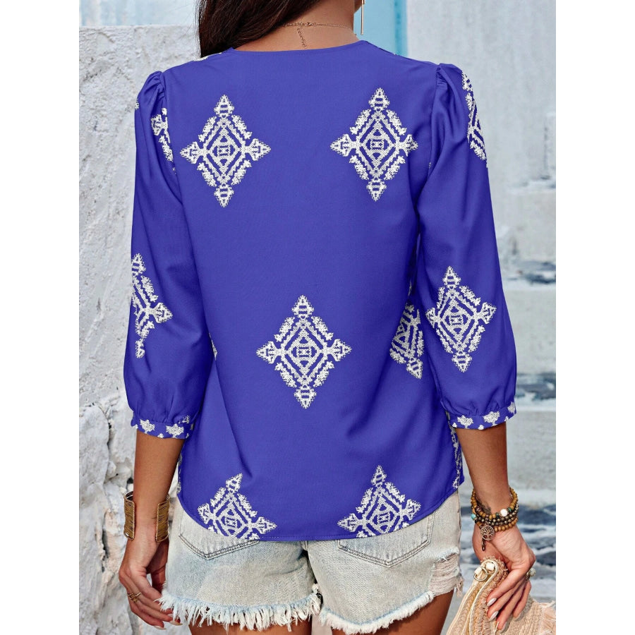 Printed V-Neck Three-Quarter Sleeve Blouse Apparel and Accessories