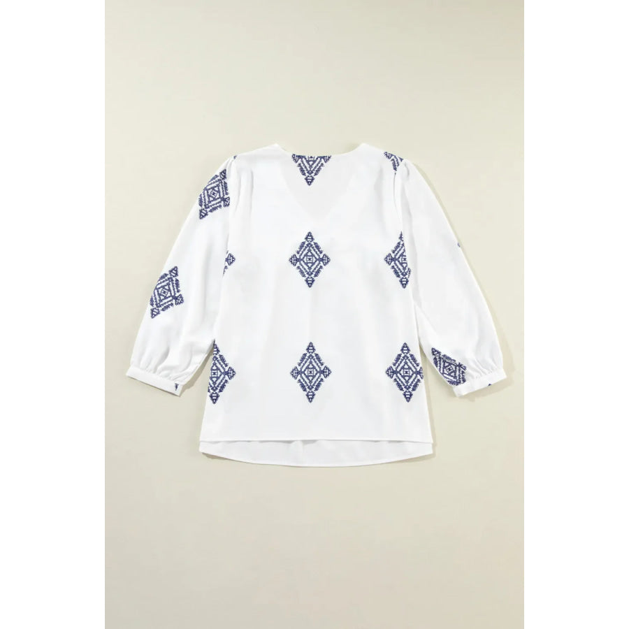 Printed V-Neck Three-Quarter Sleeve Blouse Apparel and Accessories