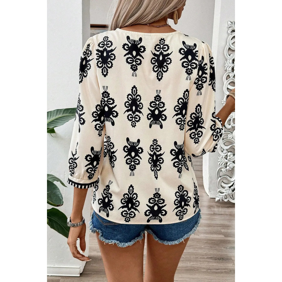 Printed V-Neck Three-Quarter Sleeve Blouse Apparel and Accessories