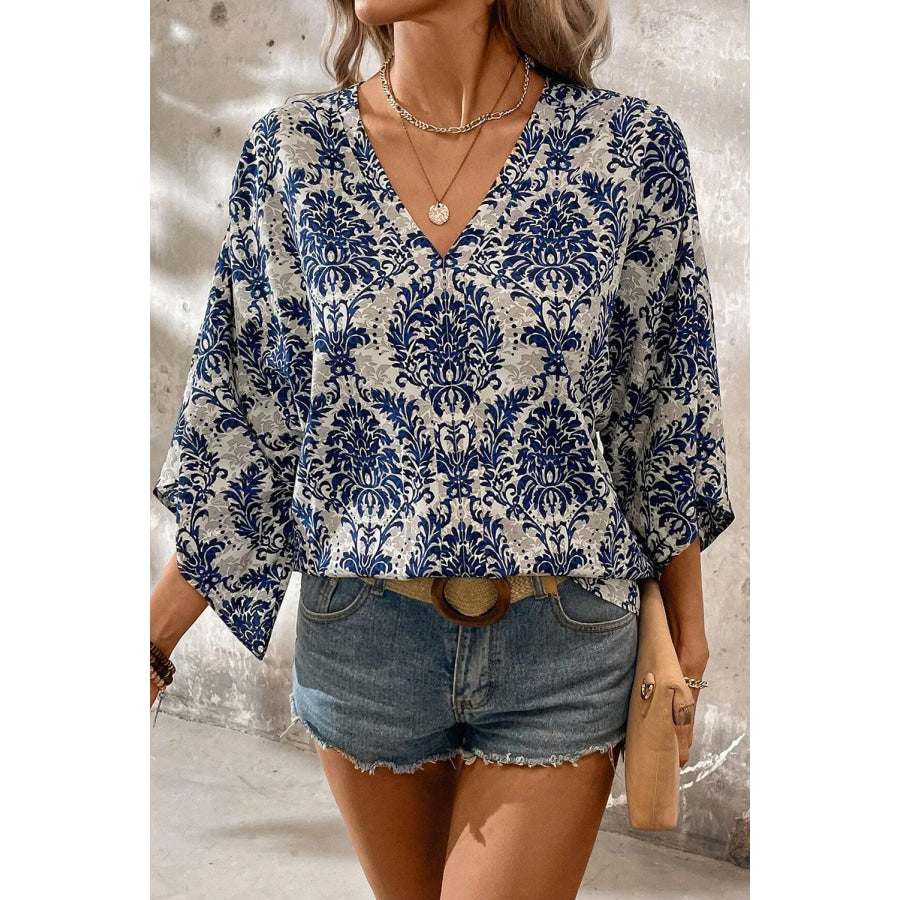 Printed V-Neck Three-Quarter Sleeve Blouse Apparel and Accessories