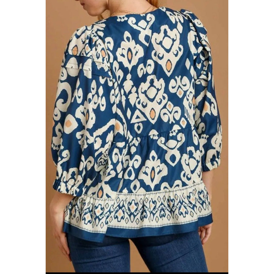 Printed V-Neck Three-Quarter Sleeve Blouse Apparel and Accessories