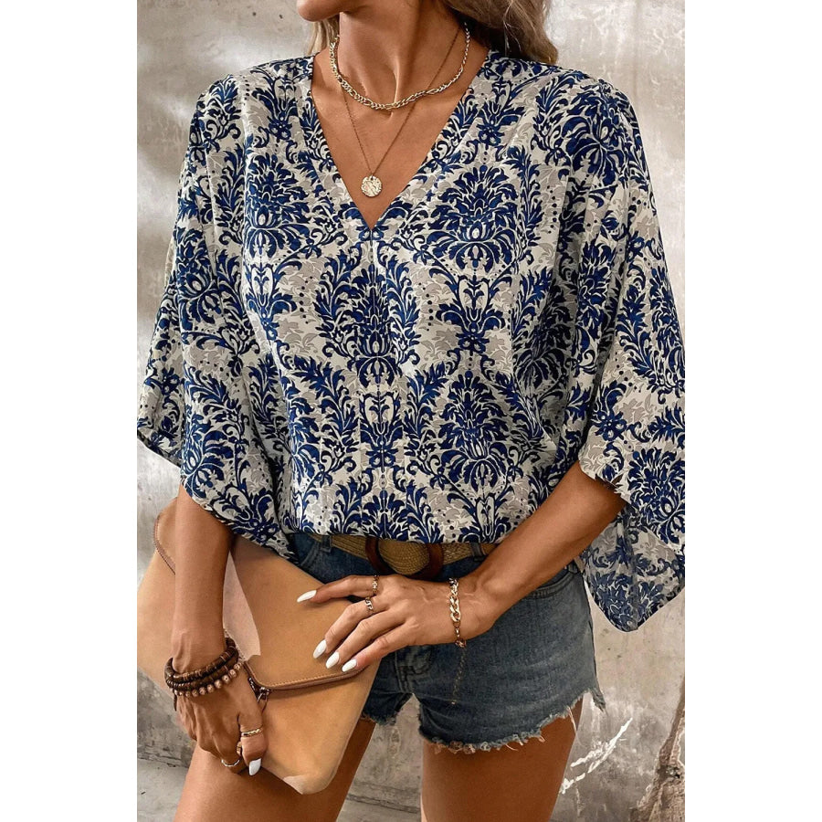 Printed V-Neck Three-Quarter Sleeve Blouse Apparel and Accessories