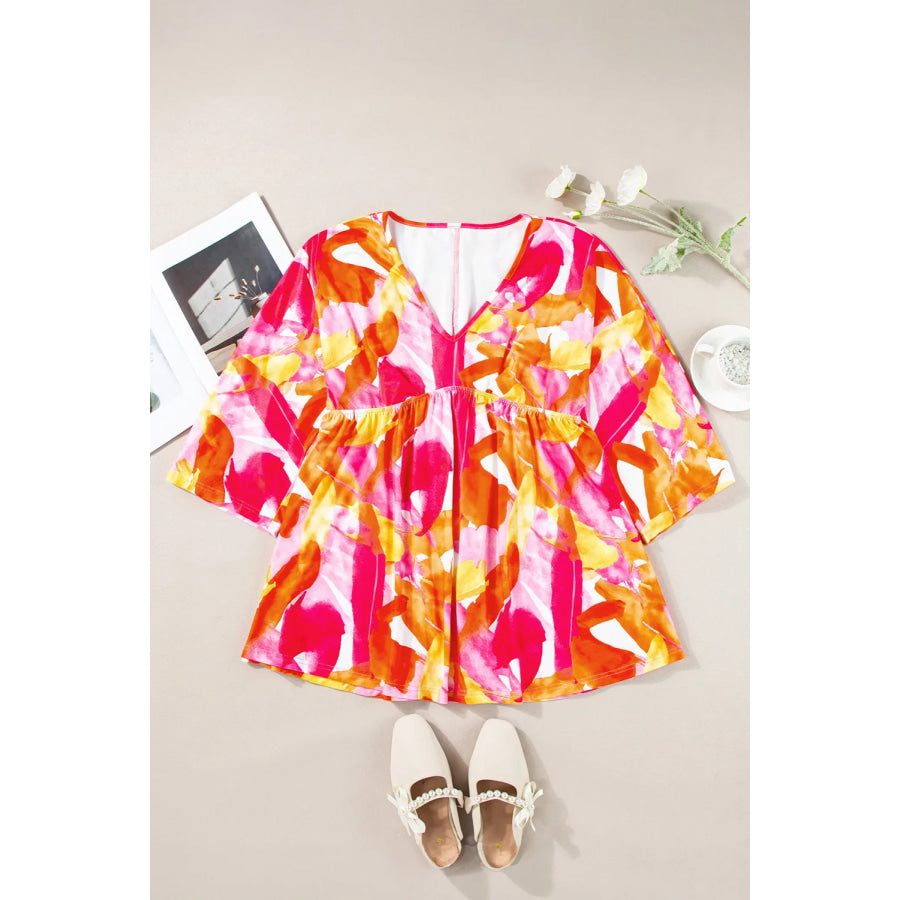 Printed V-Neck Three-Quarter Sleeve Blouse Strawberry / S Apparel and Accessories