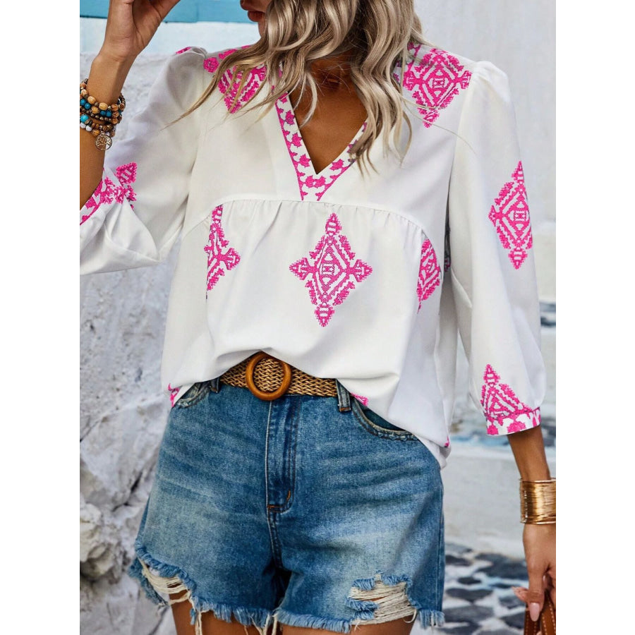 Printed V-Neck Three-Quarter Sleeve Blouse Apparel and Accessories