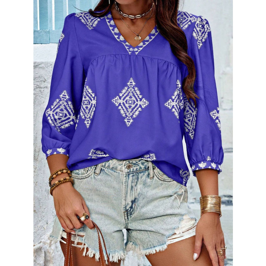 Printed V-Neck Three-Quarter Sleeve Blouse Apparel and Accessories