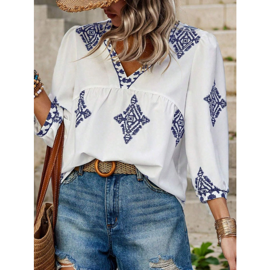 Printed V-Neck Three-Quarter Sleeve Blouse Dark Navy / S Apparel and Accessories