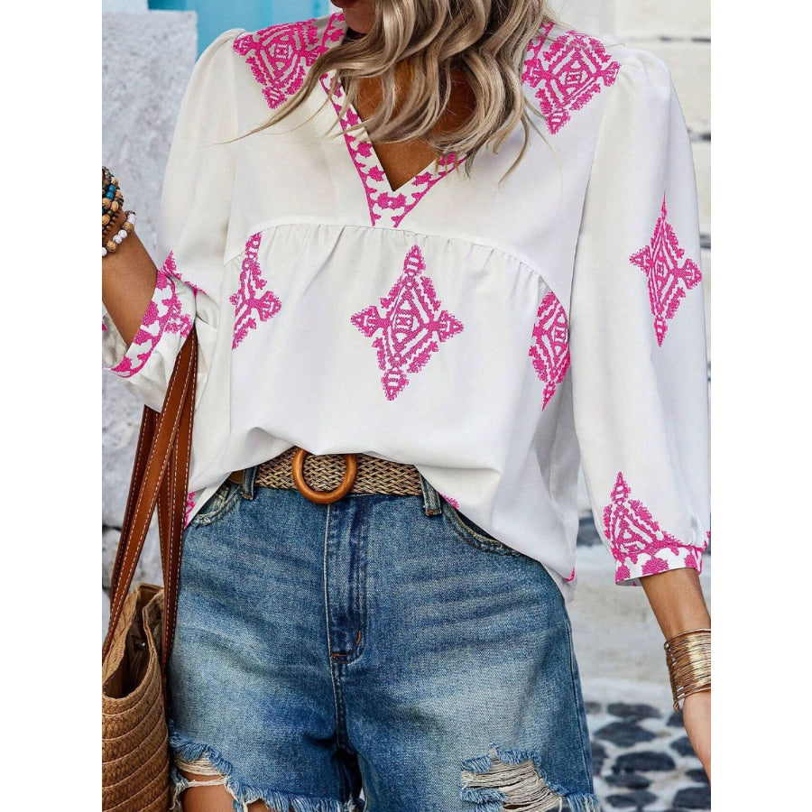 Printed V-Neck Three-Quarter Sleeve Blouse Deep Rose / S Apparel and Accessories