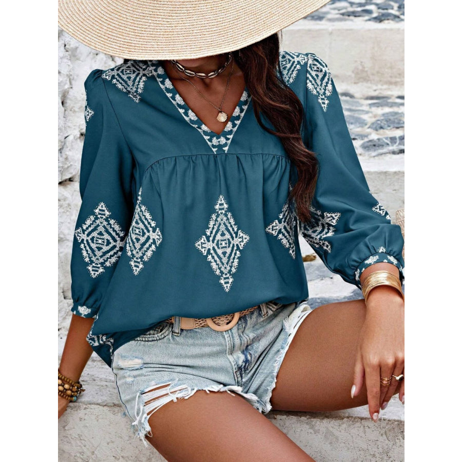 Printed V-Neck Three-Quarter Sleeve Blouse Deep Teal / S Apparel and Accessories