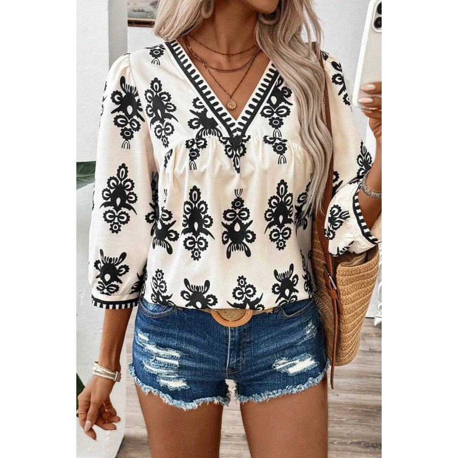 Printed V-Neck Three-Quarter Sleeve Blouse Ivory / S Apparel and Accessories