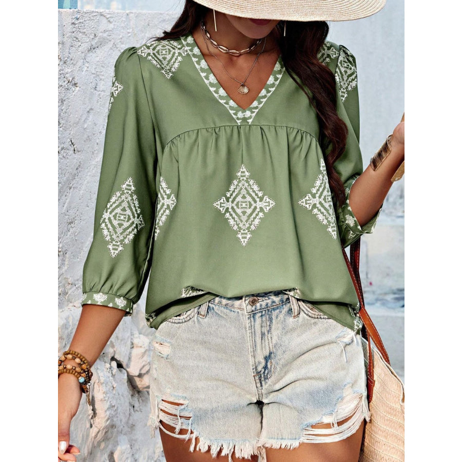 Printed V-Neck Three-Quarter Sleeve Blouse Matcha Green / S Apparel and Accessories