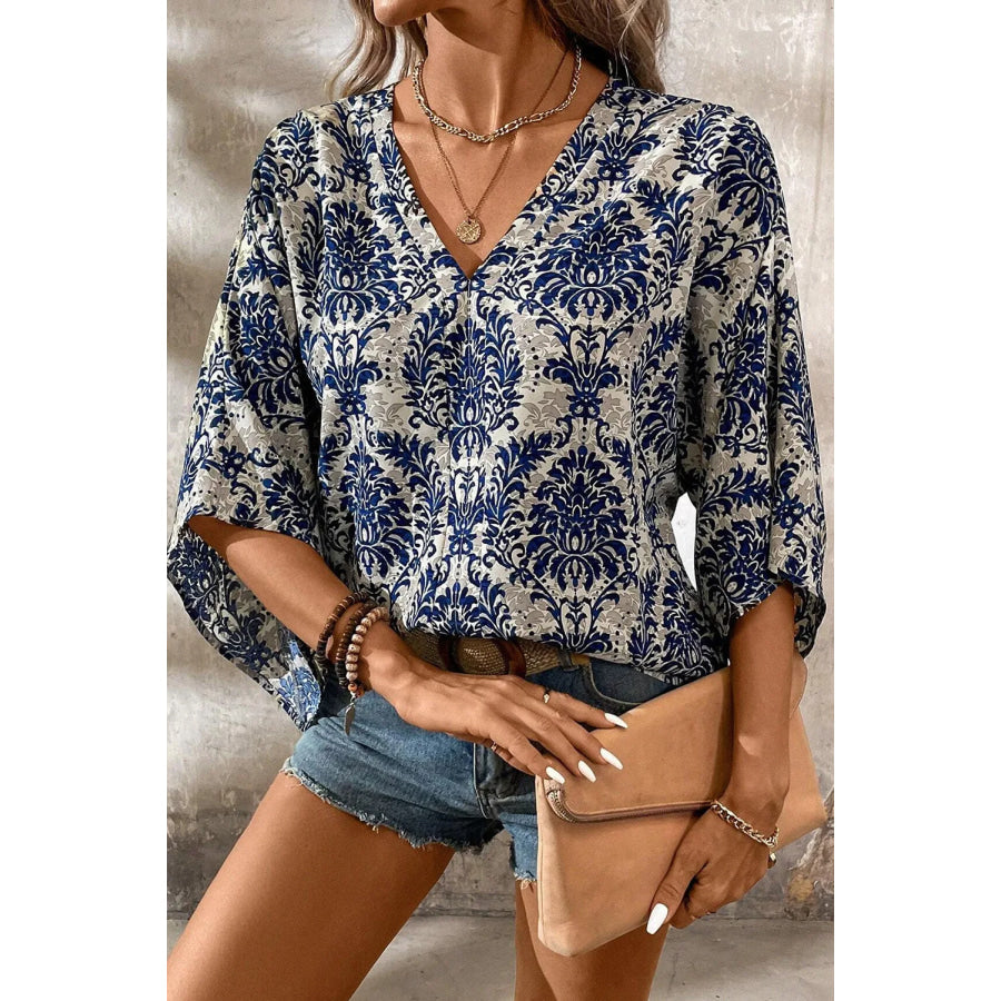 Printed V-Neck Three-Quarter Sleeve Blouse Peacock Blue / S Apparel and Accessories