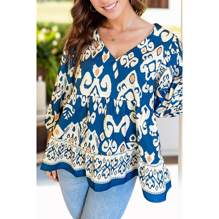 Printed V-Neck Three-Quarter Sleeve Blouse Peacock Blue / S Apparel and Accessories