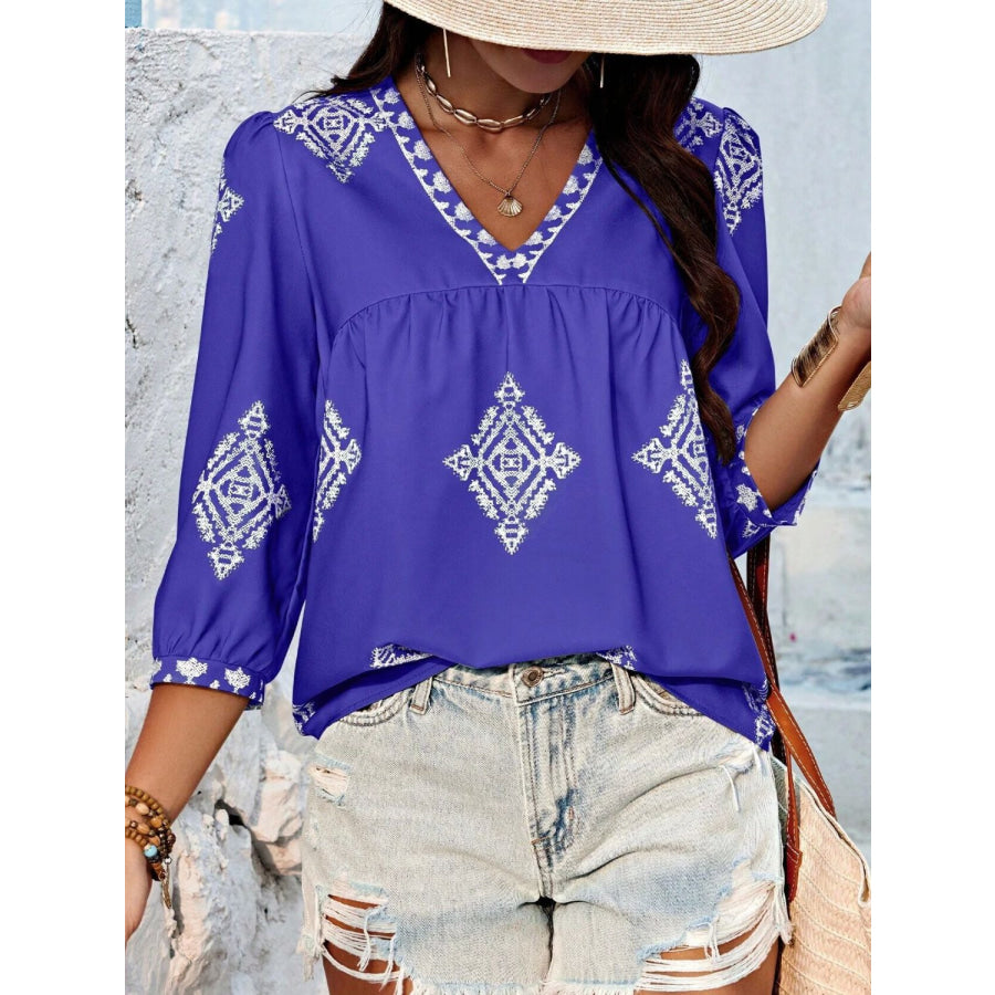 Printed V-Neck Three-Quarter Sleeve Blouse Royal Blue / S Apparel and Accessories