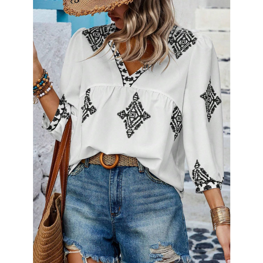 Printed V-Neck Three-Quarter Sleeve Blouse White / S Apparel and Accessories