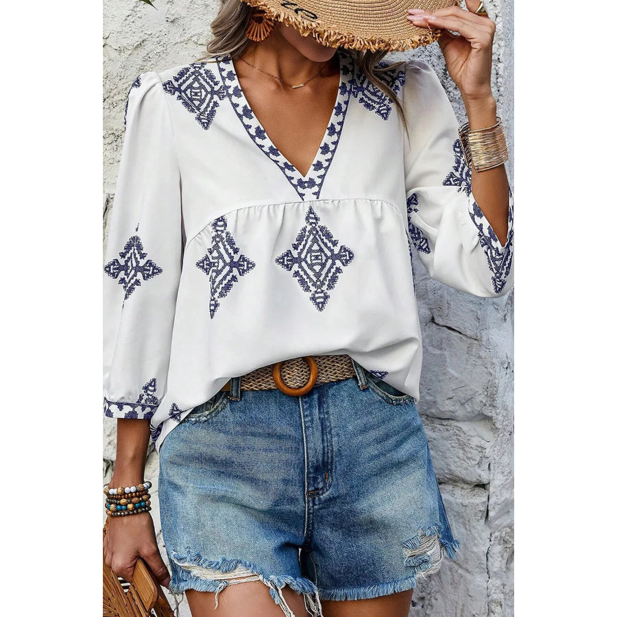 Printed V-Neck Three-Quarter Sleeve Blouse White / S Apparel and Accessories